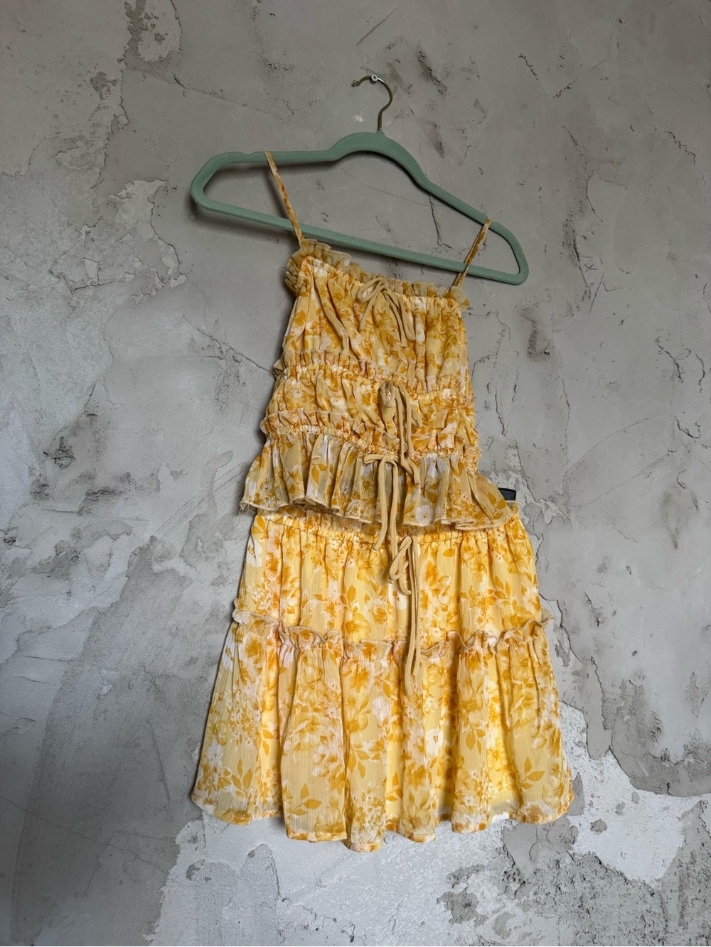 Yellow Floral Tiered Skirt Set with Smocked Bodice